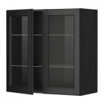МЕТОД Навесной шкаф с полками/2 стекл дв - 80x80 см, Лаксарби черно-коричневый, под дерево черный