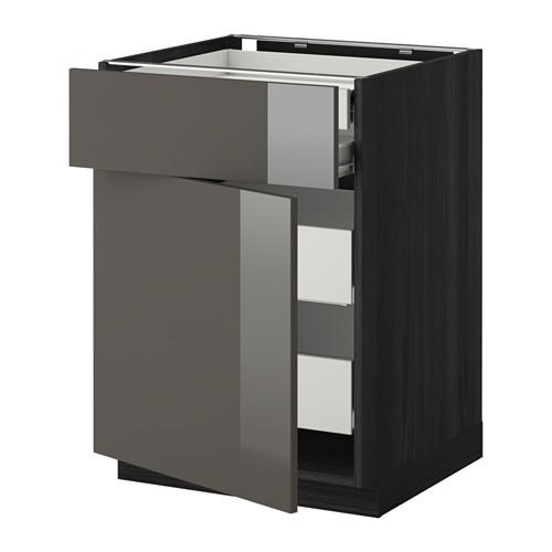 МЕТОД / ФОРВАРА Нплн шк дв/фрнт/2нзк/2срд ящ - под дерево черный, Рингульт глянцевый серый, 60x60 см