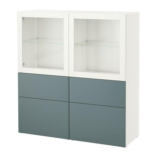 БЕСТО Комбинация д/хранения+стекл дверц - белый/Вальвикен серо-бирюзовый, прозрачное стекло, направляющие ящика, плавно закр