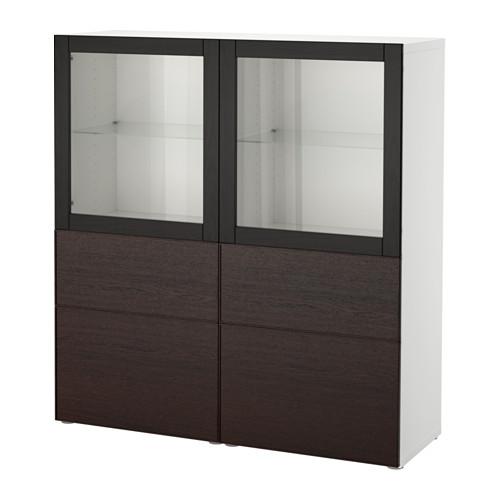 БЕСТО Комбинация д/хранения+стекл дверц - белый/Инвикен черно-коричневый прозрачное стекло, направляющие ящика,нажимные