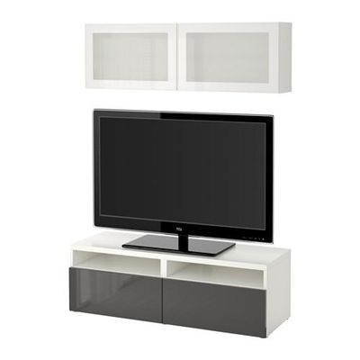 БЕСТО Шкаф для ТВ, комбин/стеклян дверцы - белый/Сельсвикен глянцевый/серый матовое стекло, направляющие ящика, плавно закр БЕСТО Шкаф для ТВ, комбин/стеклян дверцы - белый/Сельсвикен глянцевый/серый матовое стекло, направляющие ящика, плавно закр