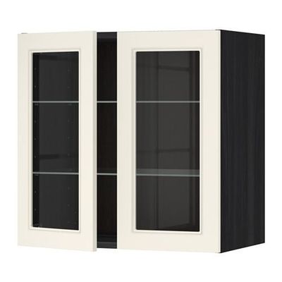 МЕТОД Навесной шкаф с полками/2 стекл дв - 60x60 см, Хитарп белый с оттенком, под дерево черный