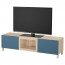 БЕСТО Тумба под ТВ с ящиками и дверцей - под беленый дуб Вальвикен/темно-синий прозрачное стекло, направляющие ящика,нажимные