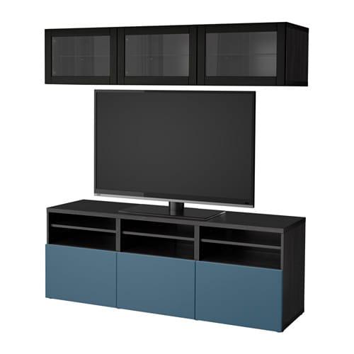 БЕСТО Шкаф для ТВ, комбин/стеклян дверцы - черно-коричневый Вальвикен/темно-синий прозрачное стекло, направляющие ящика,нажимные