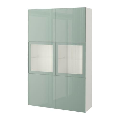 БЕСТО Комбинация д/хранения+стекл дверц - белый Сельсвикен/глянцевый/серо-зеленый светлый прозрачное стекло