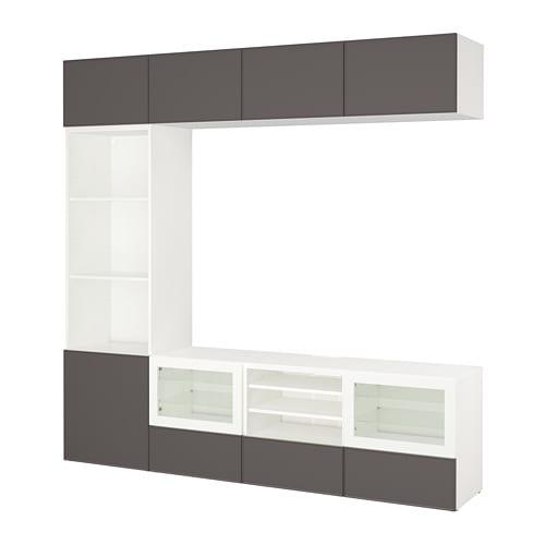 БЕСТО Шкаф для ТВ, комбин/стеклян дверцы - белый Грундсвикен/темно-серый прозрачное стекло, направляющие ящика, плавно закр