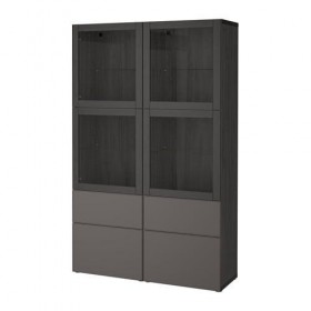БЕСТО Комбинация д/хранения+стекл дверц - черно-коричневый Грундсвикен/темно-серый прозрачное стекло, направляющие ящика, плавно закр