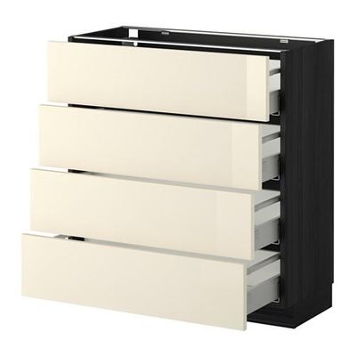 МЕТОД / МАКСИМЕРА Напольн шкаф 4 фронт панели/4 ящика - 80x37 см, Рингульт глянцевый кремовый, под дерево черный