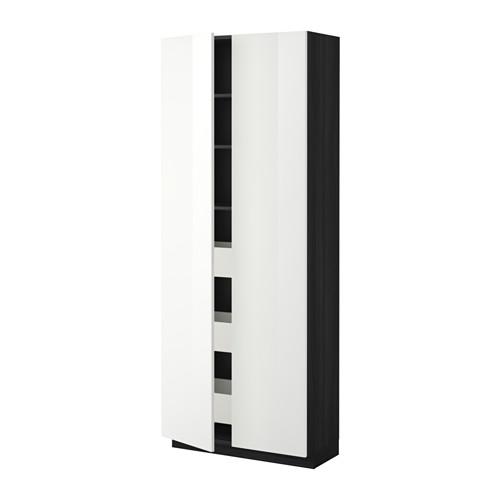 МЕТОД / МАКСИМЕРА Высокий шкаф с ящиками/2 дверцы - под дерево черный, Рингульт глянцевый белый