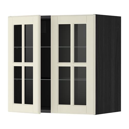METOD навесной шкаф с полками/2 стекл дв черный/Будбин белый с оттенком 60x60 см