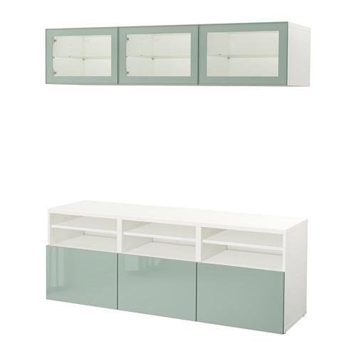 БЕСТО Шкаф для ТВ, комбин/стеклян дверцы - белый Сельсвикен/глянцевый/серо-зеленый светлый прозрачное стекло, направляющие ящика, плавно закр БЕСТО Шкаф для ТВ, комбин/стеклян дверцы - белый Сельсвикен/глянцевый/серо-зеленый светлый прозрачное стекло, направляющие ящика, плавно закр