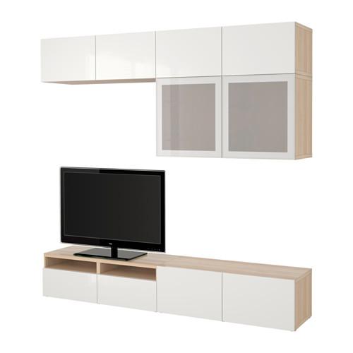 БЕСТО Шкаф для ТВ, комбин/стеклян дверцы - под беленый дуб/Сельсвикен глянцевый/белый матовое стекло, направляющие ящика, плавно закр БЕСТО Шкаф для ТВ, комбин/стеклян дверцы - под беленый дуб/Сельсвикен глянцевый/белый матовое стекло, направляющие ящика, плавно закр