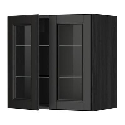 МЕТОД Навесной шкаф с полками/2 стекл дв - 60x60 см, Лаксарби черно-коричневый, под дерево черный