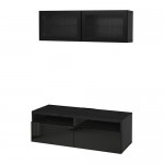 БЕСТО Шкаф для ТВ, комбин/стеклян дверцы - черно-коричневый/Сельсвикен глянцевый/черный прозрачное стекло, направляющие ящика, плавно закр