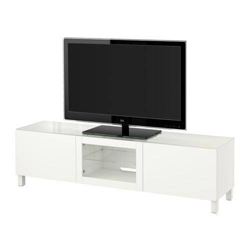 БЕСТО Тумба под ТВ, с дверцами - белый/Лаппвикен белый прозрачное стекло, направляющие ящика,нажимные