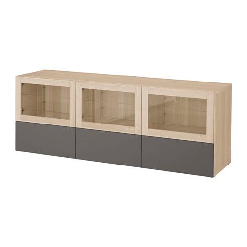 БЕСТО Тумба под ТВ, с дверцами и ящиками - под беленый дуб Грундсвикен/темно-серый прозрачное стекло, направляющие ящика,нажимные