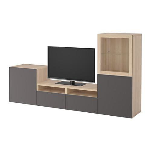 БЕСТО Шкаф для ТВ, комбин/стеклян дверцы - под беленый дуб Грундсвикен/темно-серый прозрачное стекло, направляющие ящика, плавно закр