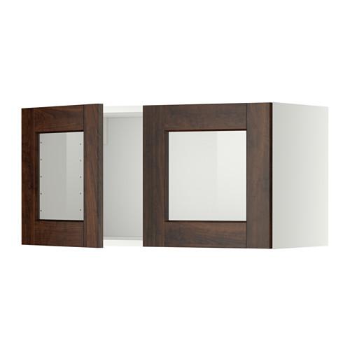 МЕТОД Навесной шкаф с 2 стеклянн дверями - белый, Эдсерум под дерево коричневый