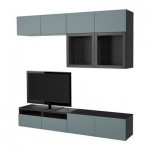 БЕСТО Шкаф для ТВ, комбин/стеклян дверцы - черно-коричневый/Вальвикен серо-бирюзовый, прозрачное стекло, направляющие ящика, плавно закр