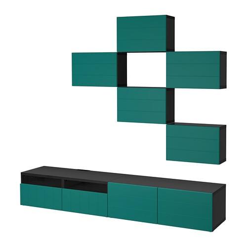 БЕСТО Шкаф для ТВ, комбинация - черно-коричневый/Халлставик сине-зеленый, направляющие ящика, плавно закр