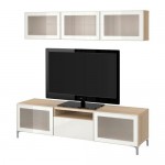 БЕСТО Шкаф для ТВ, комбин/стеклян дверцы - под беленый дуб/Сельсвикен глянцевый/белый матовое стекло, направляющие ящика, плавно закр