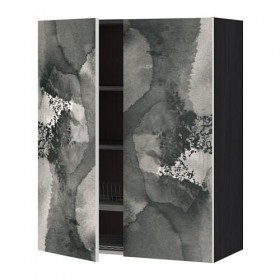 МЕТОД Навесной шкаф с посуд суш/2 дврц - под дерево черный, Кальвиа с печатным рисунком, 80x100 см