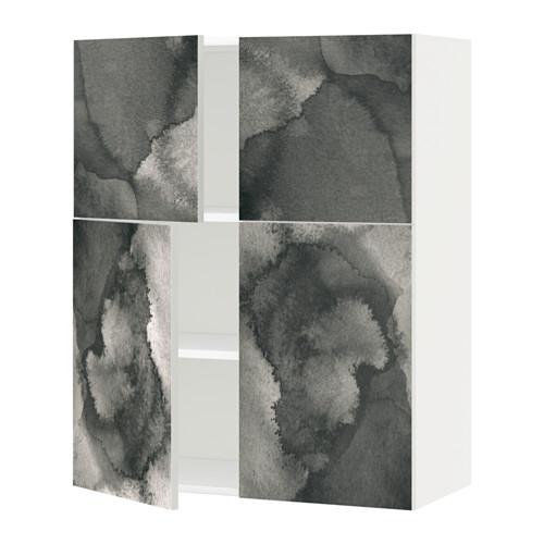 МЕТОД Навесной шкаф с полками/4дверцы - белый, Кальвиа с печатным рисунком