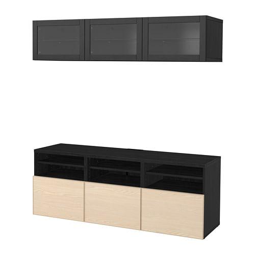 БЕСТО Шкаф для ТВ, комбин/стеклян дверцы - черно-коричневый Инвикен/ясеневый шпон прозрачное стекло, направляющие ящика, плавно закр