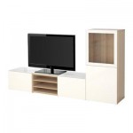 БЕСТО Шкаф для ТВ, комбин/стеклян дверцы - направляющие ящика, плавно закр, под беленый дуб/Сельсвикен глянцевый/белый прозрачное стекло