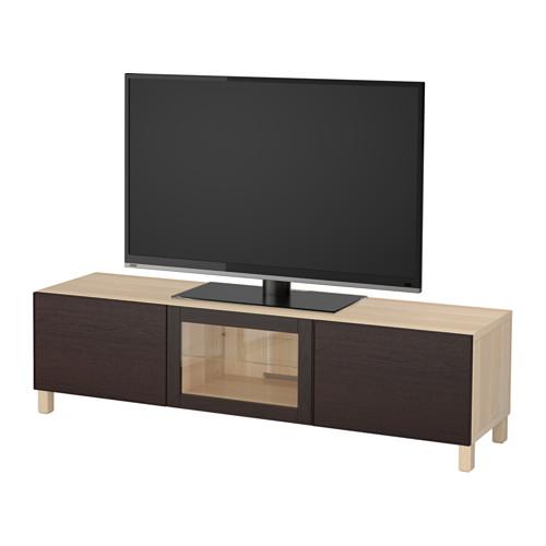 БЕСТО Тумба под ТВ с ящиками и дверцей - под беленый дуб/Инвикен черно-коричневый прозрачное стекло, направляющие ящика, плавно закр