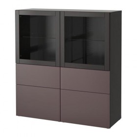 БЕСТО Комбинация д/хранения+стекл дверц - черно-коричневый/Вальвикен темно-коричневый, прозрачное стекло, направляющие ящика,нажимные