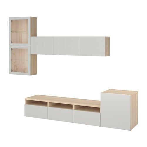 БЕСТО Шкаф для ТВ, комбин/стеклян дверцы - под беленый дуб/Лаппвикен светло-серый прозрачное стекло, направляющие ящика, плавно закр БЕСТО Шкаф для ТВ, комбин/стеклян дверцы - под беленый дуб/Лаппвикен светло-серый прозрачное стекло, направляющие ящика, плавно закр