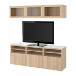 БЕСТО Шкаф для ТВ, комбин/стеклян дверцы - направляющие ящика, плавно закр, Лаппвикен/Синдвик под беленый дуб, прозрачное стелко