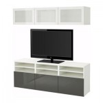 БЕСТО Шкаф для ТВ, комбин/стеклян дверцы - белый/Сельсвикен глянцевый/серый матовое стекло, направляющие ящика,нажимные БЕСТО Шкаф для ТВ, комбин/стеклян дверцы - белый/Сельсвикен глянцевый/серый матовое стекло, направляющие ящика,нажимные