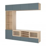 БЕСТО Шкаф для ТВ, комбин/стеклян дверцы - под беленый дуб/Вальвикен серо-бирюзовый, прозрачное стекло, направляющие ящика, плавно закр БЕСТО Шкаф для ТВ, комбин/стеклян дверцы - под беленый дуб/Вальвикен серо-бирюзовый, прозрачное стекло, направляющие ящика, плавно закр