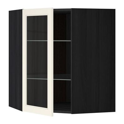 МЕТОД Углов навесн шк с полками/сткл дв - 68x80 см, Хитарп белый с оттенком, под дерево черный МЕТОД Углов навесн шк с полками/сткл дв - 68x80 см, Хитарп белый с оттенком, под дерево черный