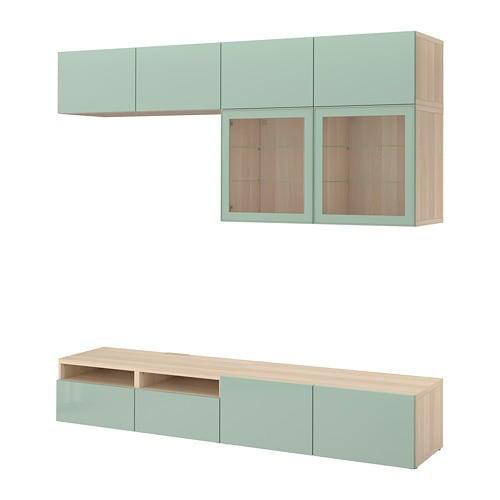 БЕСТО Шкаф для ТВ, комбин/стеклян дверцы - под беленый дуб Сельсвикен/глянцевый/серо-зеленый светлый прозрачное стекло, направляющие ящика, плавно закр БЕСТО Шкаф для ТВ, комбин/стеклян дверцы - под беленый дуб Сельсвикен/глянцевый/серо-зеленый светлый прозрачное стекло, направляющие ящика, плавно закр