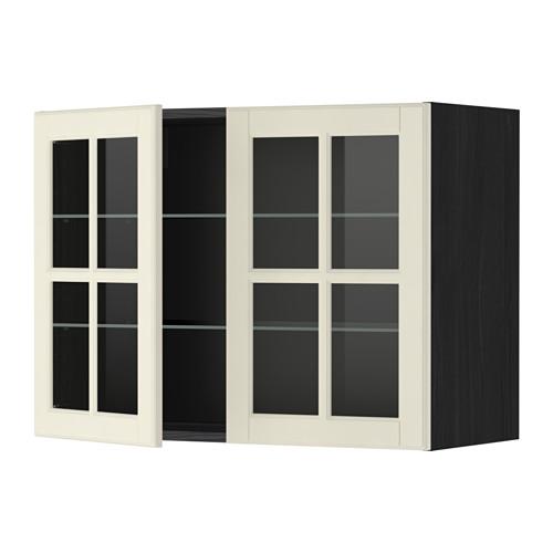 METOD навесной шкаф с полками/2 стекл дв черный/Будбин белый с оттенком 80x60 см
