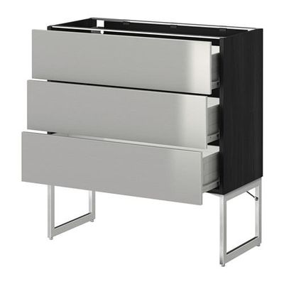 МЕТОД / ФОРВАРА Нплн шк 3 фрнт/3 средн ящика - 80x37x60 см, Гревста нержавеющ сталь, под дерево черный