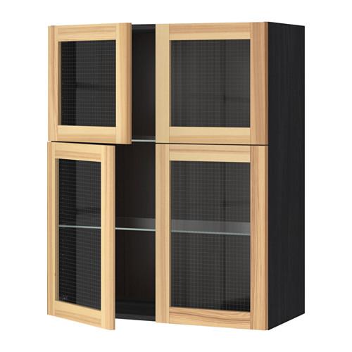 МЕТОД Навесной шкаф с полками/4 стекл дв - под дерево черный, Торхэмн естественный ясень МЕТОД Навесной шкаф с полками/4 стекл дв - под дерево черный, Торхэмн естественный ясень