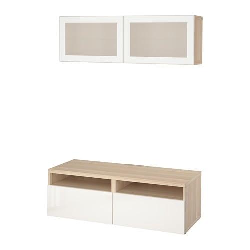 БЕСТО Шкаф для ТВ, комбин/стеклян дверцы - под беленый дуб/Сельсвикен глянцевый/белый матовое стекло, направляющие ящика, плавно закр