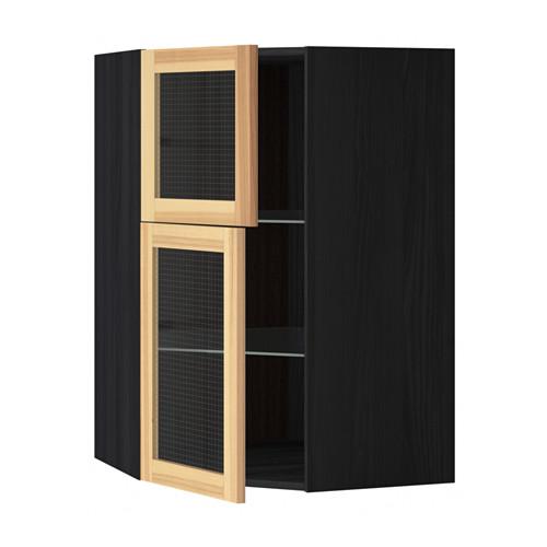 МЕТОД Углов навесной шкаф+полки/2 сткл дв - под дерево черный, Торхэмн естественный ясень МЕТОД Углов навесной шкаф+полки/2 сткл дв - под дерево черный, Торхэмн естественный ясень