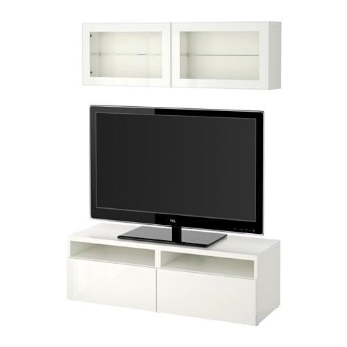 БЕСТО Шкаф для ТВ, комбин/стеклян дверцы - белый/Сельсвикен глянцевый/белый прозрачное стекло, направляющие ящика,нажимные
