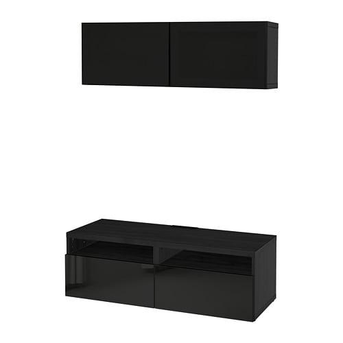 БЕСТО Шкаф для ТВ, комбин/стеклян дверцы - черно-коричневый/Сельсвикен глянцевый/черный дымчатое стекло, направляющие ящика, плавно закр БЕСТО Шкаф для ТВ, комбин/стеклян дверцы - черно-коричневый/Сельсвикен глянцевый/черный дымчатое стекло, направляющие ящика, плавно закр