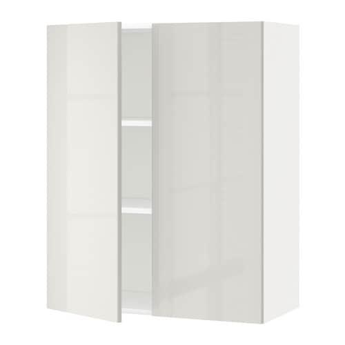 МЕТОД Навесной шкаф с полками/2дверцы - белый, Рингульт глянцевый светло-серый, 80x100 см