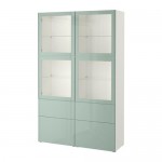 БЕСТО Комбинация д/хранения+стекл дверц - белый Сельсвикен/глянцевый/серо-зеленый светлый прозрачное стекло, направляющие ящика, плавно закр