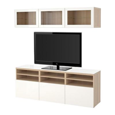 БЕСТО Шкаф для ТВ, комбин/стеклян дверцы - направляющие ящика,нажимные, под беленый дуб/Сельсвикен глянцевый/белый прозрачное стекло