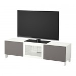 БЕСТО Тумба под ТВ с ящиками и дверцей - белый Грундсвикен/темно-серый прозрачное стекло, направляющие ящика,нажимные