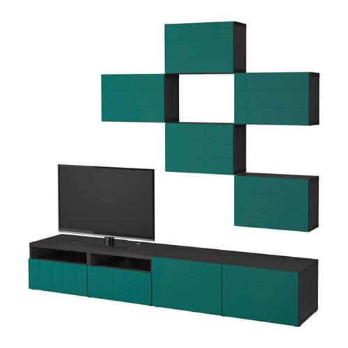 БЕСТО Шкаф для ТВ, комбинация - черно-коричневый/Халлставик сине-зеленый, направляющие ящика, плавно закр
