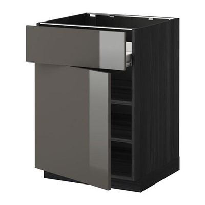 МЕТОД / ФОРВАРА Напольн шкаф с полкой/ящиком/дверью - под дерево черный, Рингульт глянцевый серый, 60x60 см
